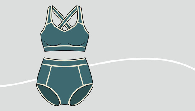 Stylish sporty two-piece swimwear in deep teal color with white contrast piping displayed on a grey background.