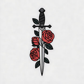 Traditional Tattoo Style Dagger and Red Roses Illustration Isolated on White Background for Graphic Design