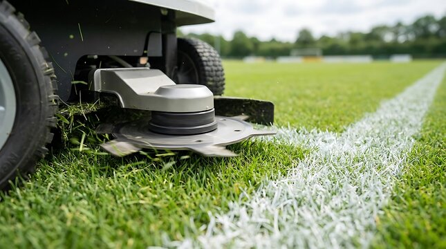 Robotic lawn mower cutting grass on a sports field with white painted boundary lines, outdoor maintenance equipment