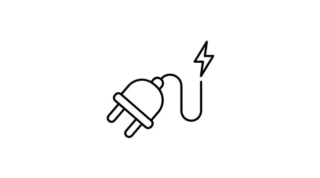Electric power plug outline vector icon with lightning bolt energy mark