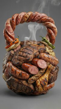 Kettlebell made of grilled meat and sausages isolated on gray background, unhealthy fitness concept, junk food humor, diet failure. Slowly zoom in.
