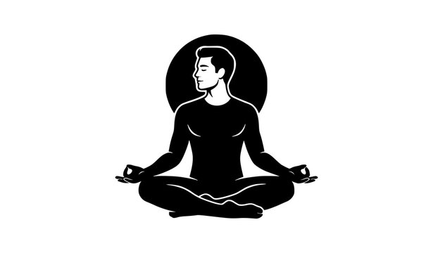 Meditation silhouette, black vector of man in lotus pose with hands in mudra and solid circle behind him isolated on white background