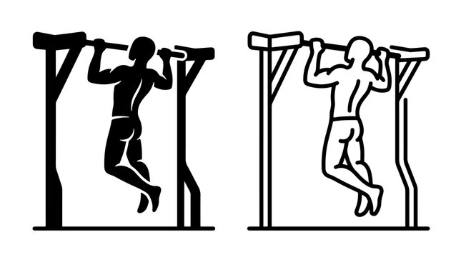Man performing pull up exercise black silhouette white line icon design