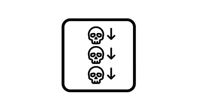 Three skulls with downward arrows in black square frame flat icon design