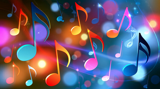 Colorful musical notes dancing across a vibrant abstract backdrop, celebrating the beauty of music and creativity, with copy space