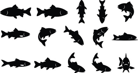 Fototapeta premium Set of black fish silhouettes featuring different swimming angles and jumping motions isolated on a white background
