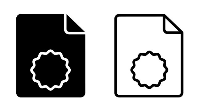 Paper sheet document with seal badge icons in line and solid silhouette