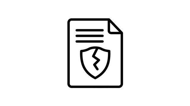 Black outline document with broken shield icon isolated on transparent background