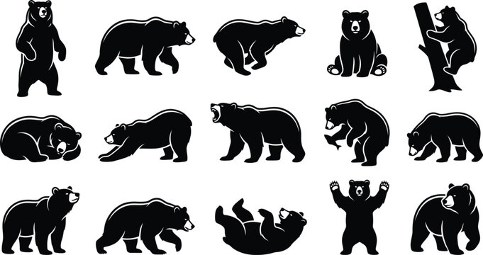 Various black bear silhouettes in different positions including climbing a tree and standing on a clean white background