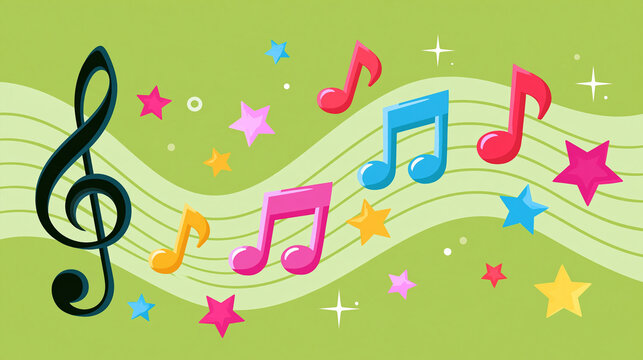 Colorful musical notes and a treble clef on a green background, wavy staff with colored stars, kids' design, with copy space