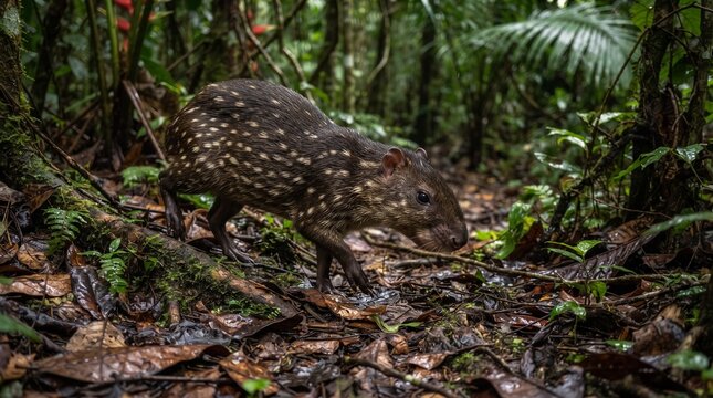 Lowland Paca Walking Through Amazon Rainforest Leaf Litter