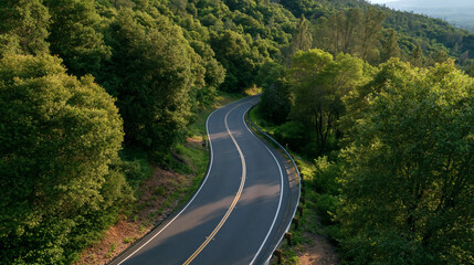 Fototapeta premium Winding Road Through Green Hills: A scenic asphalt road curves through lush, tree-covered hills, bathed in the warm, golden light of late afternoon, inviting exploration and adventure.