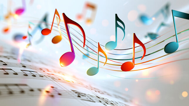 Vibrant musical notes in graceful flight emerging from a sheet of music notation, dynamic movement evoking a symphony of sound, with copy space
