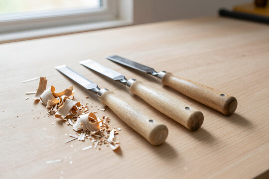 Wood chisels and fresh oak shavings
