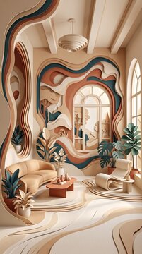Surreal Organic Modern Living Room Interior with Fluid Wavy Walls and Earthy Tones Digital Illustration