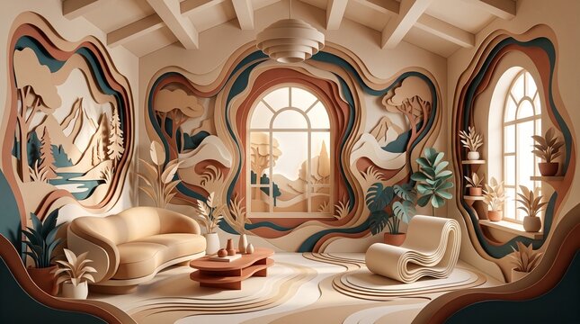 Surreal Modern Living Room Interior with Layered Wavy Wall Designs and Earthy Tones in 3D Architectural Style