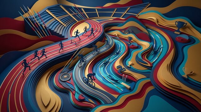 A vibrant paper cut art representation of a multi-sport stadium with runners, cyclists, and swimmers