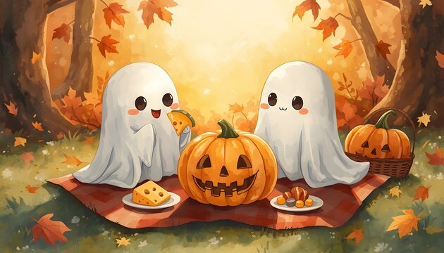 lucid origin two cute ghosts having a picnic a gaint pumpkin slice autumn leaves around chees
