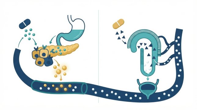 This visual explains diabetes management, focusing on blood glucose levels, insulin delivery, and monitoring methods used for treatment.