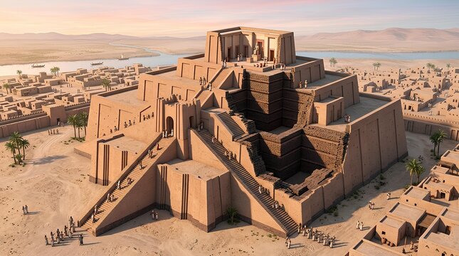 Ancient Mesopotamian Ziggurat of Ur architectural cross section view.