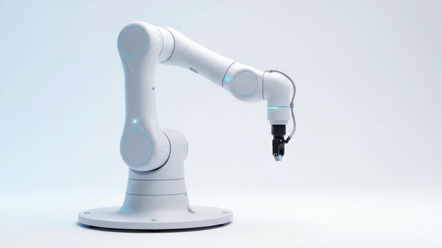Modern white robotic arm with articulated joints on clean surface