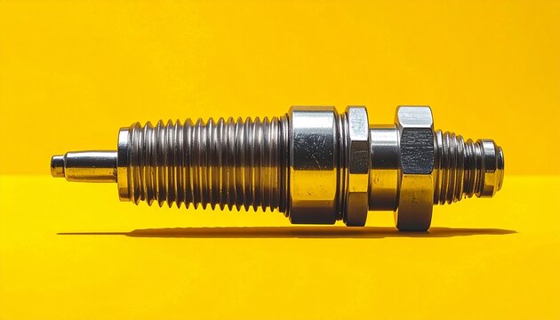 Metallic automotive spark plug isolated icon for engine maintenance and ignition concept on yellow Background.
3