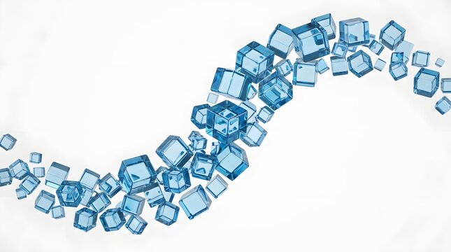 Abstract wave of floating blue glass cubes isolated on white background