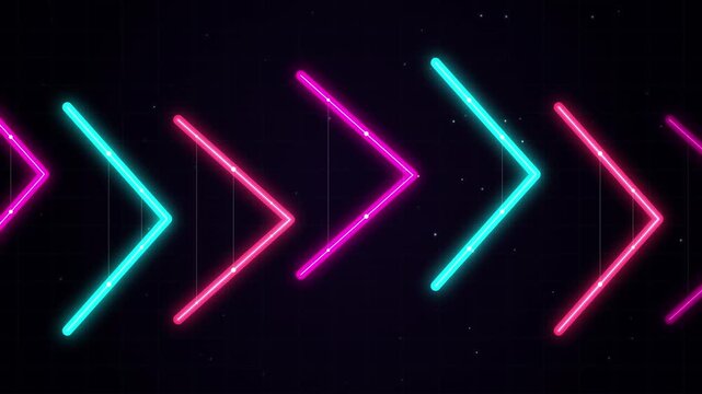 Neon glowing arrow background futuristic pink and cyan led light animation retro synthwave motion graphics for music videos and stage displays