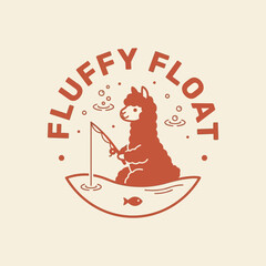 Fototapeta premium Cute Alpaca Fishing From Small Boat Retro Logo Illustration.