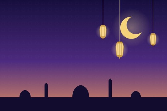 Ramadan greeting background with crescent moon and hanging lanterns