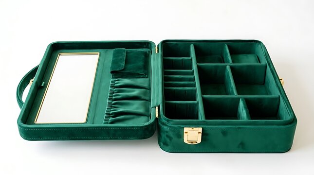 Open dark green travel jewelry organizer case with mirror and multiple storage compartments. portable makeup holder