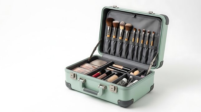 Professional makeup kit case with brushes and cosmetics organized for beauty artist. portable makeup holder