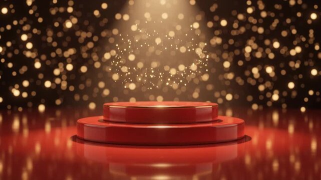 Empty red circular podium for product display with golden glittering bokeh lights background