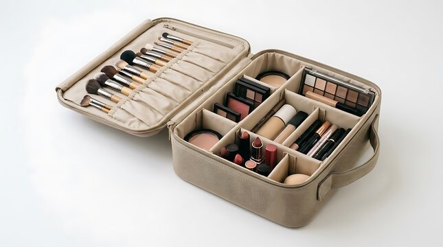 Open makeup travel bag filled with various cosmetic brushes and beauty products. portable makeup holder