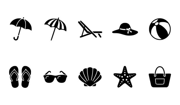 Summer beach and umbrella icon set with vacation seaside symbols vector illustration