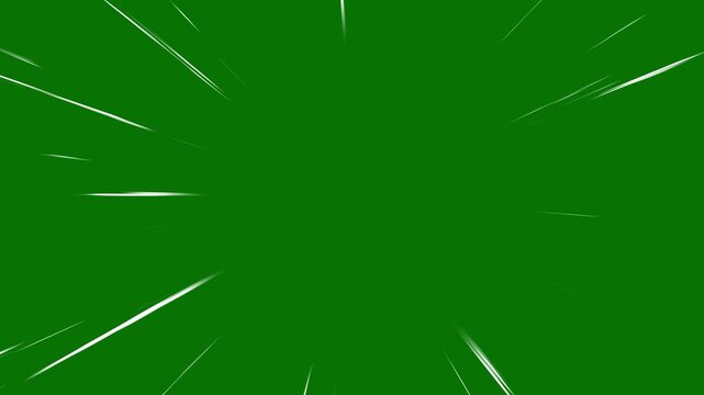 Exploding fast motion zoom anime, cartoon and comic speed line streak effect, hand-drawn manga action graphic with abstract energy overlay light stripes bright on 4k green background.
