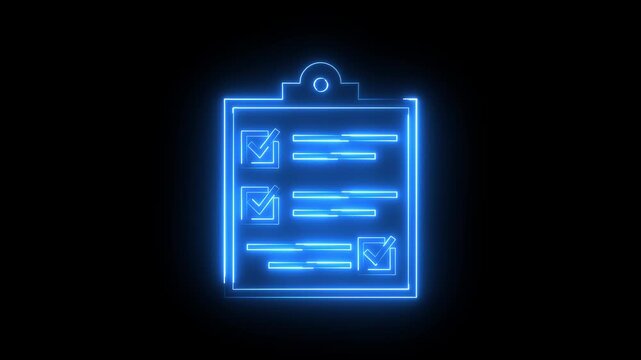 Glowing neon blue color clipboard with checklist icon animation business agreement document paper checkmark checkbox test note exam tick list sign symbol on black background