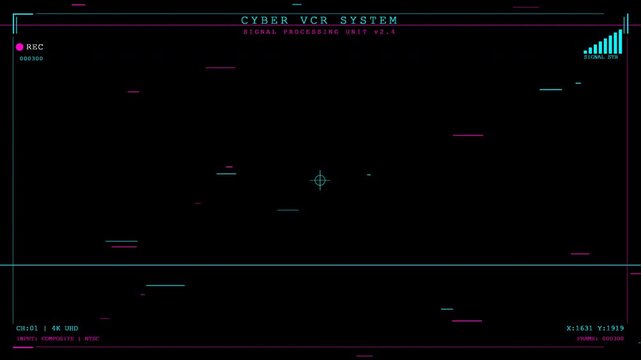 vcr glitch cyber overlay screen with retro digital display hud elements and neon analog video distortion effects