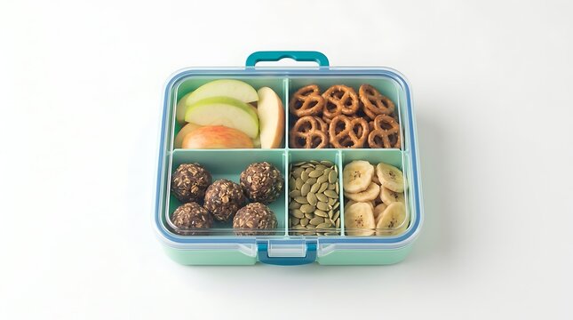 Bento lunch box with healthy snacks including apple slices pretzels and nuts for kids school meal. trail snack boxes