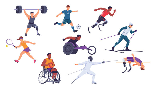 Vector illustration set of diverse adaptive athletes with disabilities competing in various paralympic sports on white background