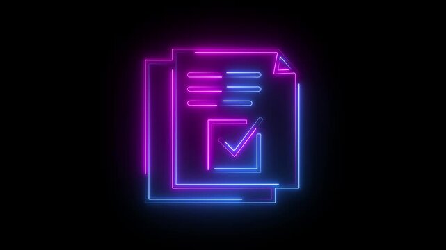 Glowing neon pink and blue color clipboard with checklist icon animation business agreement document paper checkmark checkbox test note exam tick list sign symbol on black background