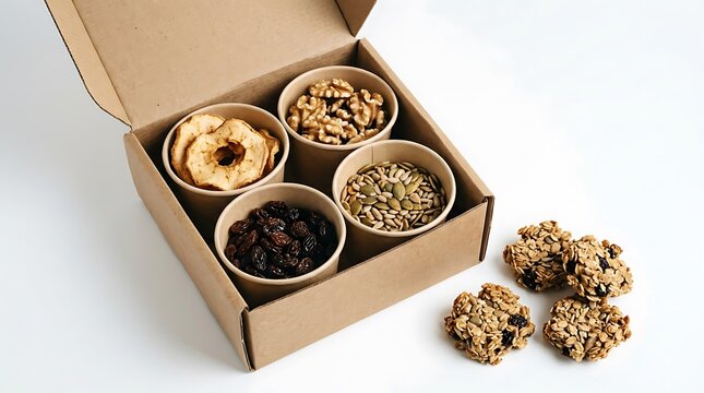 Cardboard gift box with healthy snacks dried fruit nuts and granola cookies for healthy eating. trail snack boxes