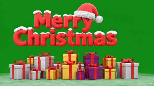 3D animated Merry Christmas typography with gift boxes and falling snow particles on a green screen background for holiday video editing and seasonal greeting overlays.