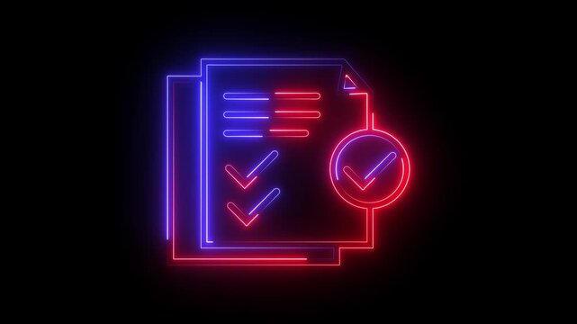 Glowing neon red and blue color clipboard with checklist icon animation business agreement document paper checkmark checkbox test note exam tick list sign symbol on black background