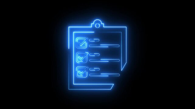 Glowing neon blue color clipboard with checklist icon animation business agreement document paper checkmark checkbox test note exam tick list sign symbol on black background
