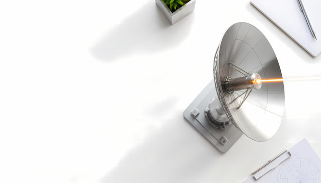 Metallic parabolic dish model on white desk focusing glowing amber laser beam for space based solar power SBSP concept