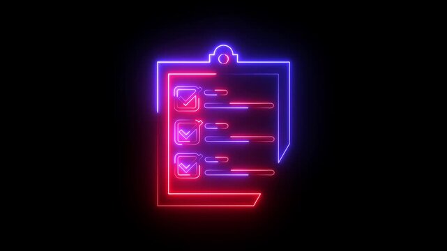 Glowing neon red and blue color clipboard with checklist icon animation business agreement document paper checkmark checkbox test note exam tick list sign symbol on black background
