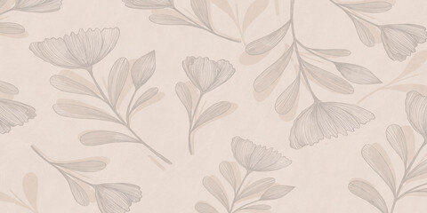 Fototapeta premium Elegant white line drawing of tropical palm and monstera leaves on a neutral beige background seamless background with leaves