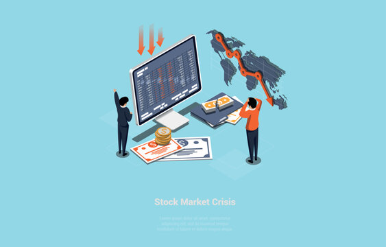 Isometric Stock Market Crisis Vector Illustration - Global Economic Recession and Financial Collapse Concept with Stressed Traders, Falling Chart Screen, World Map Trend Line, and Cash on Light Blue B