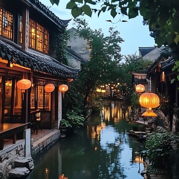Ancient Chinese canal town with glowing lanterns reflecting on water at dusk 88 characters